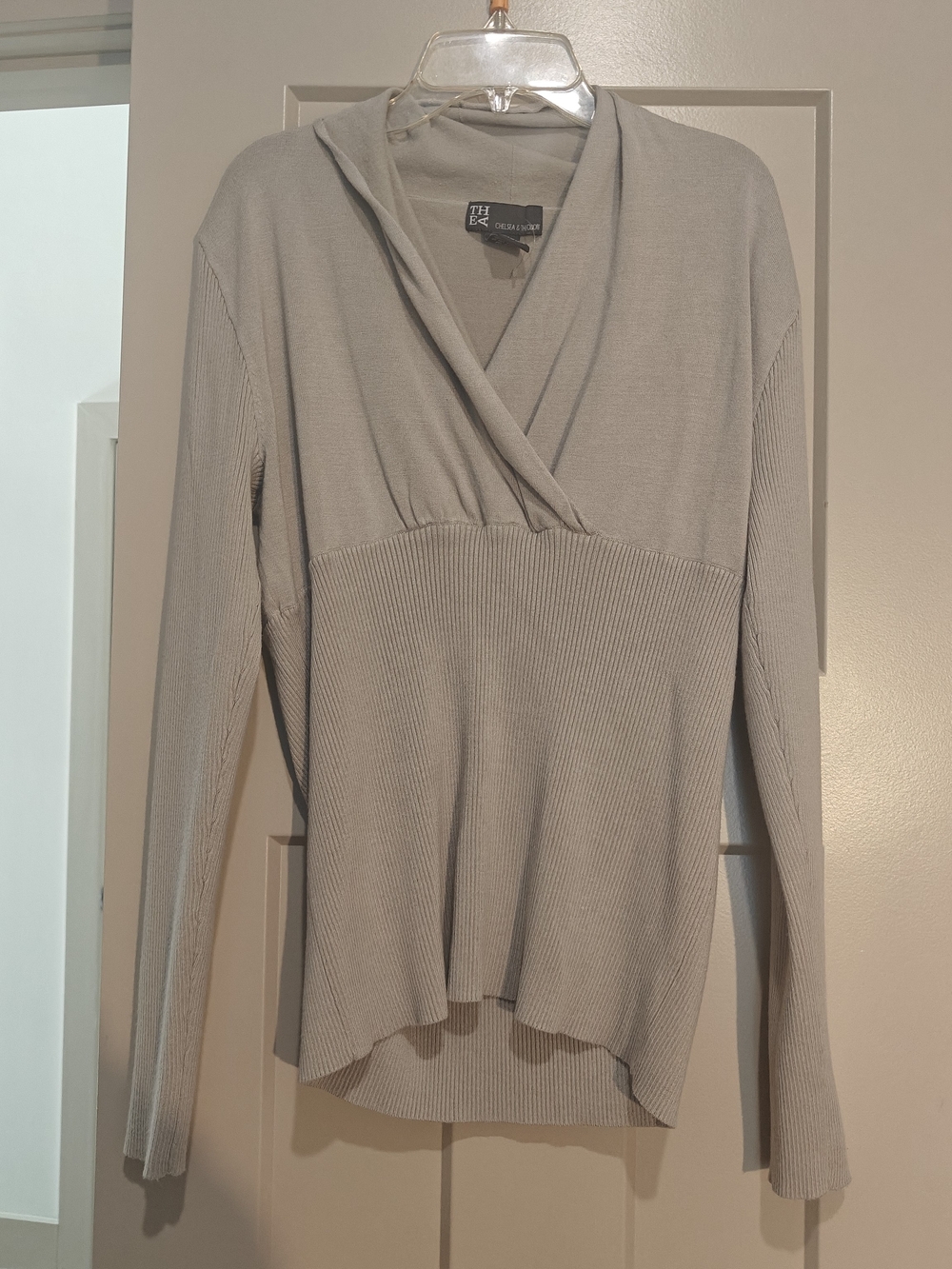 Chelsea & Theodore Beige Ribbed Surplice Long Sleeve Top